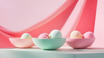 Fototapeta premium 96. A whimsical display of ice cream scoops in pastel-colored bowls on a gradient backdrop