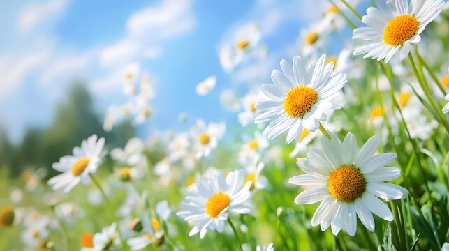 White daisies blooming in spring meadow under blue sky