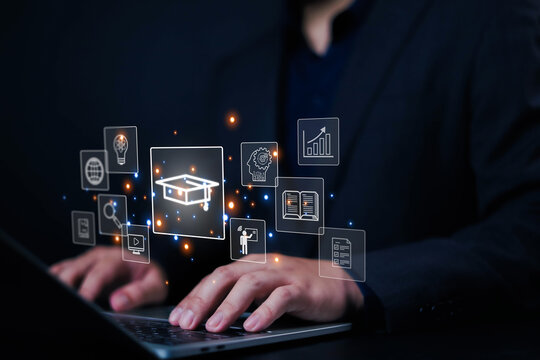 E-learning concept, Businessman showing icons in of front him. Learning online educate technology provides easy access, Learning through online greater enhance. training digital online	