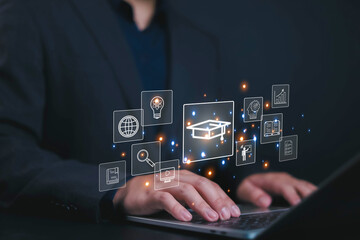 E-learning concept, Businessman showing icons in of front him. Learning online educate technology...