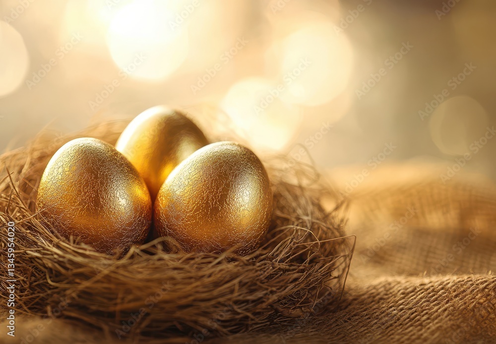 Poster golden eggs in a rustic nest symbolizing wealth and prosperity with soft bokeh background and warm n