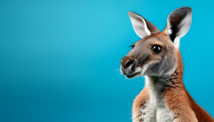 Fototapeta premium A striking portrait of a young kangaroo, captured in profile against a solid blue background.
