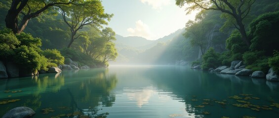 Fototapeta premium Serene lake scene, surrounded by lush greenery and majestic mountains