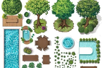 Detailed Color Image of Set of Lake and Swimming Pool Elements for Landscaping