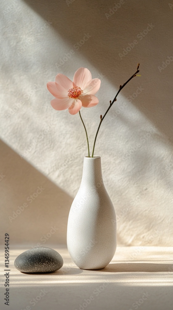Poster a minimalistic arrangement features a single pink flower elegantly placed in a smooth white vase, co