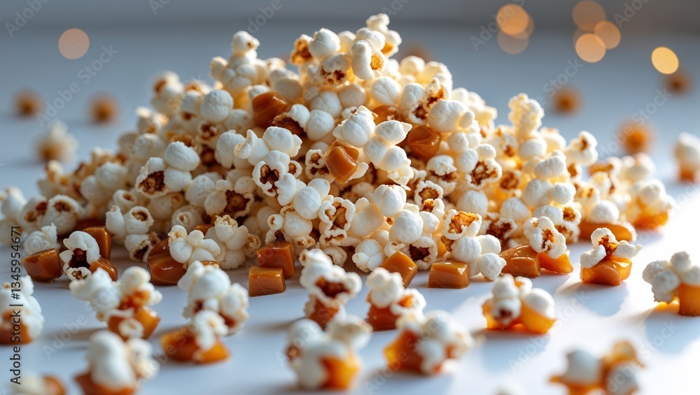 Poster pile of popcorn and caramel pieces on a white surface with a blurred background creating a festive a