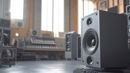 Speakers and audio equipment reside in a studio environment