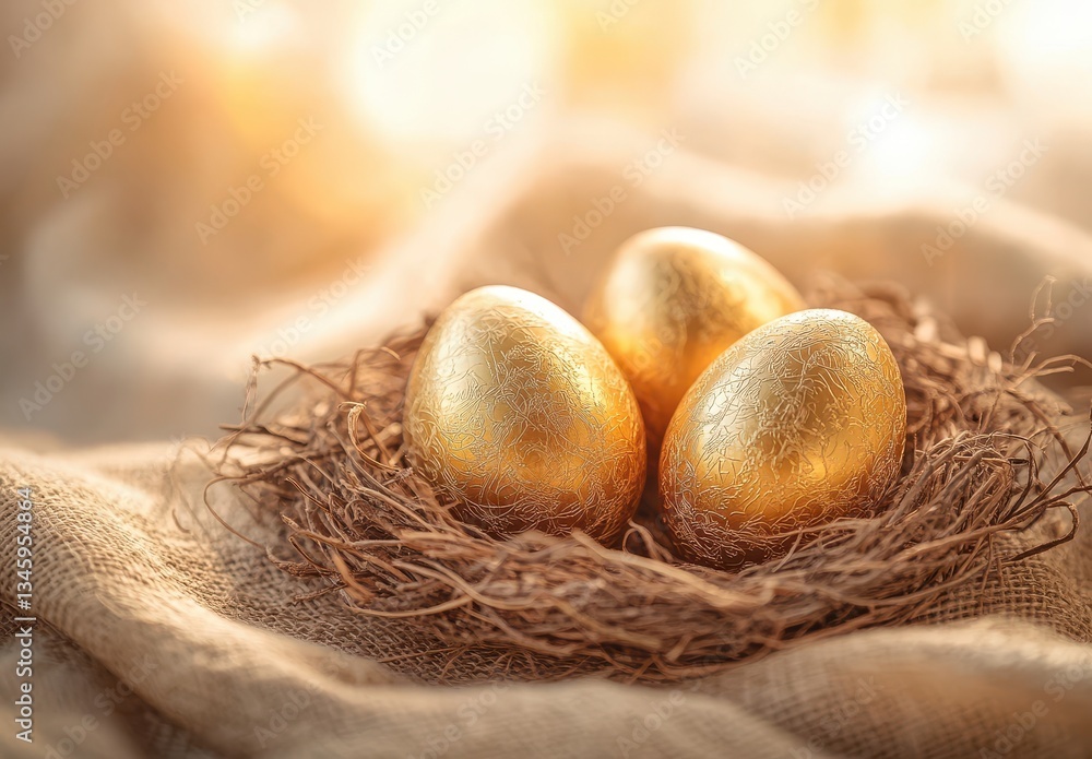 Poster golden eggs nesting in a natural rustic setting with soft light illuminating the scene, symbolizing 