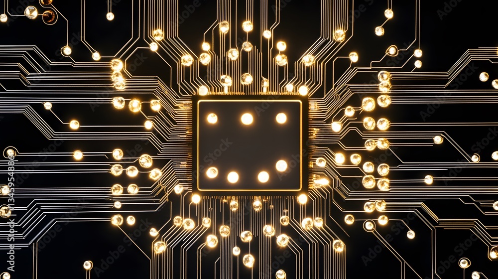 Poster Cpu is performing complex calculations with golden light trails on circuit board