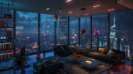 Futuristic City Nightscape Viewed from Luxurious Apartment