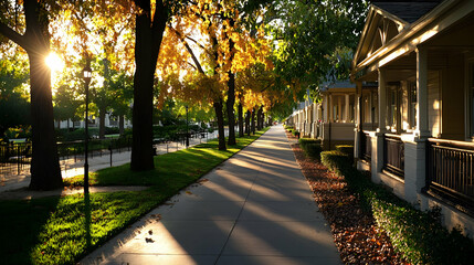 Obraz premium Golden Sunlight Illuminates Residential Street Lined with Autumn Trees and Houses in Warm Daylight