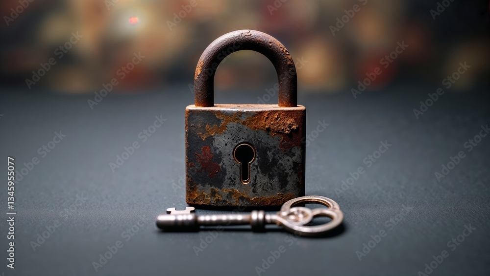 Poster rusty padlock with vintage key resting on a dark surface in a softly lit environment