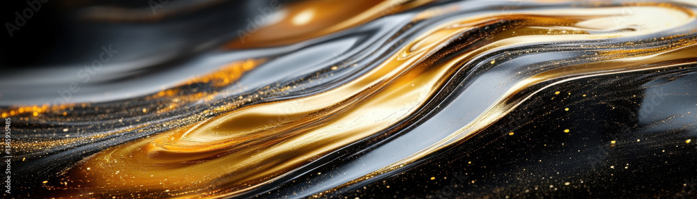 Poster abstract background of shimmering golden waves flow smoothly over dark surface, creating luxurious e