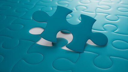 Striking 3D Blue Puzzle Piece Hovering Over a Nearly Finished Jigsaw - Symbol of Solution and Strategy