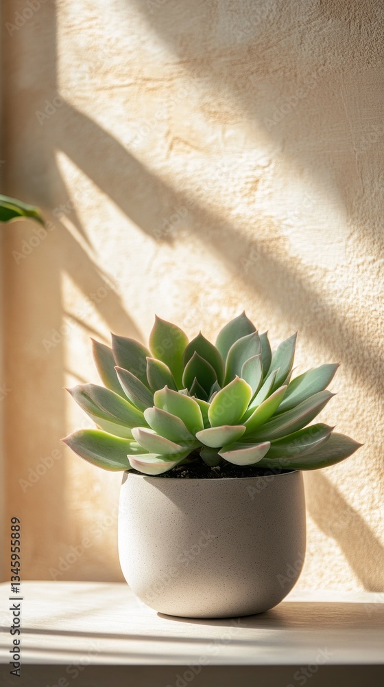 Poster a succulent plant rests gracefully in a soft-toned pot, basking in gentle sunlight streaming through