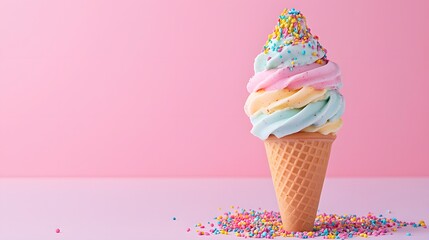 19. A minimalist ice cream display on a pastel coral surface with colorful decorations