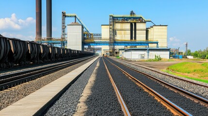 Obraz premium Industrial railway tracks leading to a large factory complex under a clear blue sky.