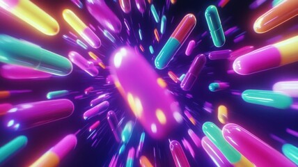 Colorful capsules swirl in a vibrant digital universe resembling a futuristic pharmacy environment