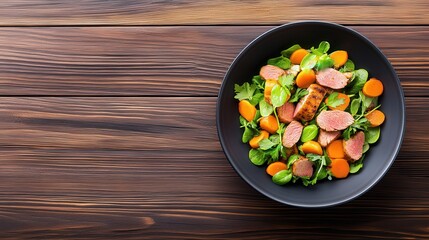 A vibrant salad featuring leafy greens, sliced carrots, and tender meat, presented in a black bowl on a wooden surface.