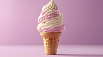 23. A soft serve ice cream cone swirled with pink and white against a pastel purple background