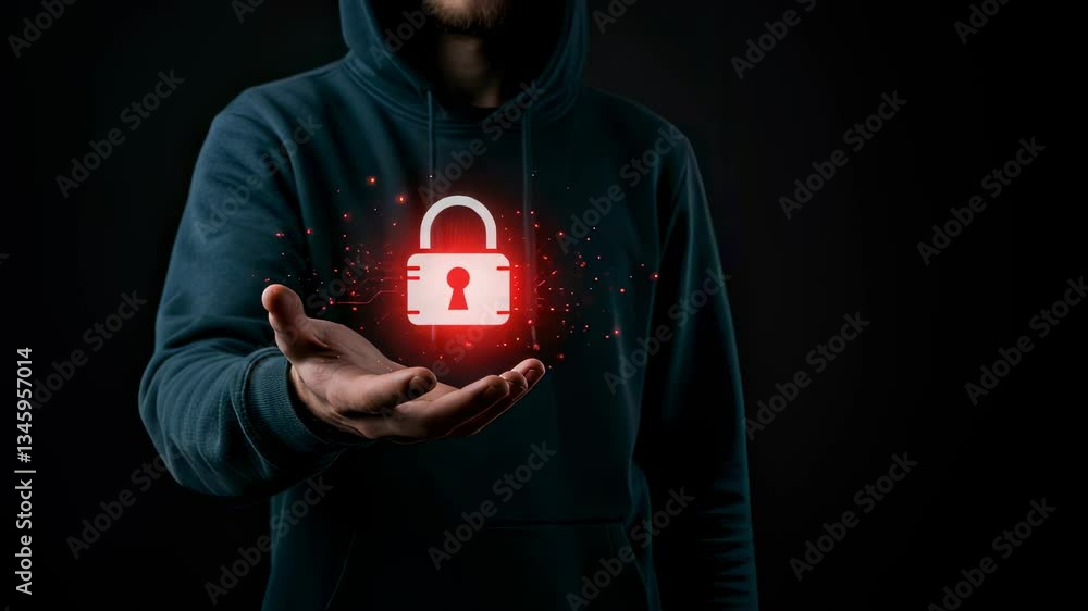 Poster hooded man holds glowing red padlock with circuit pattern footage. cybersecurity and hacking concept