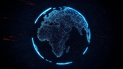 Digital earth globe rotating visualization video. Worldwide global technology network motion footage. Connected world of future innovation and international connections clip.
