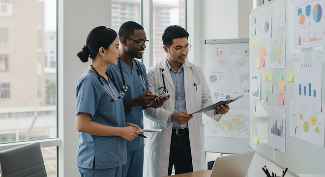 Medical Team Reviewing Data Charts on Whiteboard in Modern Office