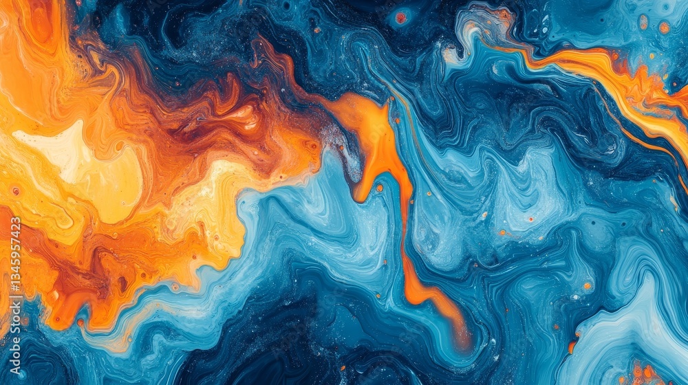 Poster psychedelic marbled pattern with vibrant bi-color separation in orange and blue ink, creating a dyna