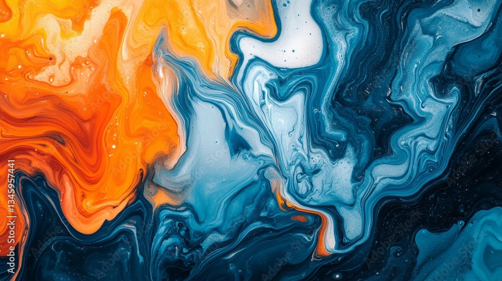 Poster psychedelic marbled pattern with vibrant bi-color separation in orange and blue ink, creating a dyna