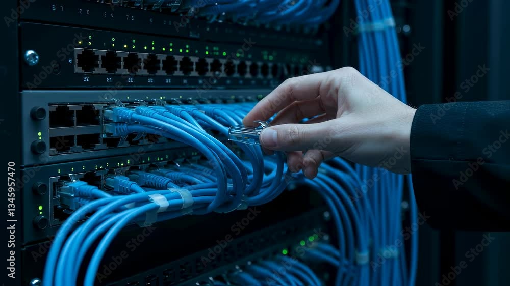Poster man connecting blue network cable to a server rack panel in data center. it infrastructure and conne