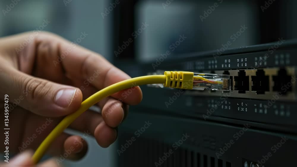 Aufkleber man connecting yellow ethernet cable to router port motion picture. technician plugging internet con