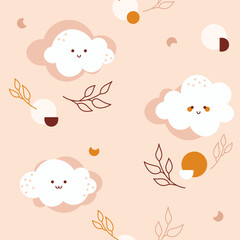 Nursery boho seamless pattern with kawaii cloud leaves moon heart.