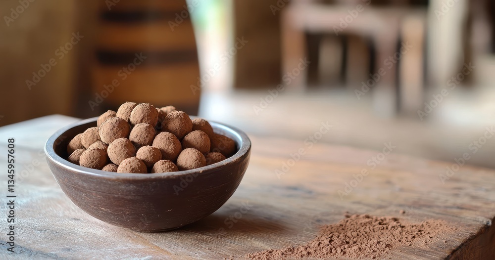 Poster handmade clay bowl filled with round cocoa truffles on a rustic wooden table surrounded by natural e