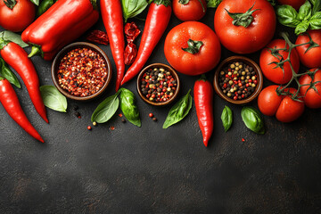 A vibrant display of fresh tomatoes, red peppers, and spices set against a dark background, showcasing a colorful and appetizing arrangement.