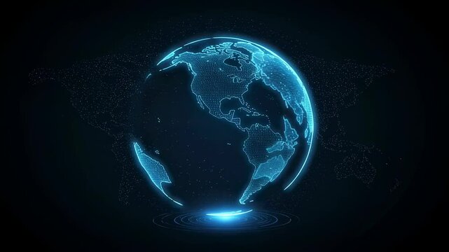 Digital earth globe technology video footage. Futuristic world map hologram motion clip. Global network connection and cryptocurrency blockchain background. Virtual reality sphere.