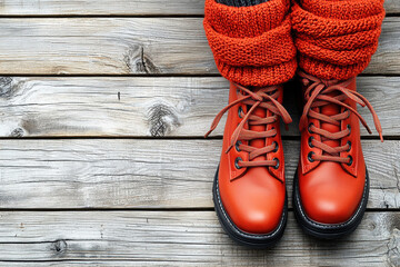 A pair of vibrant red boots with cozy knitted leg warmers, placed on a rustic wooden surface, exuding warmth and style.