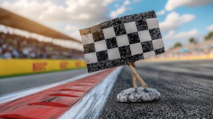 Checkered flag at finish line of race track with blurred crowd.