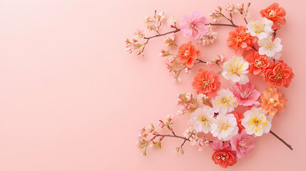 Fototapeta premium Close Up of a Floral Branch with Mixed Color Blossoms on a Pink Background with Soft Lighting