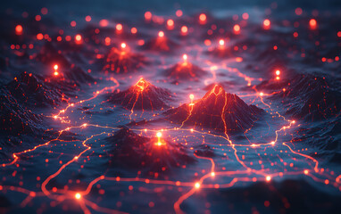 Fototapeta premium 3D Virtual Map Interface with Geolocation Data and Red Pins 