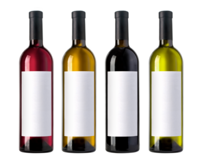 Four wine bottles with blank labels showing different types of wine