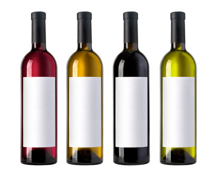 Four wine bottles with blank labels showing different types of wine