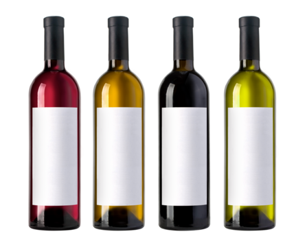 Four wine bottles with blank labels showing different types of wine