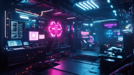 Futuristic Pink and Purple Neon Lit Digital Workspace