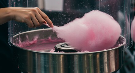 Making Pink Cotton Candy with Machine at Fair or Carnival