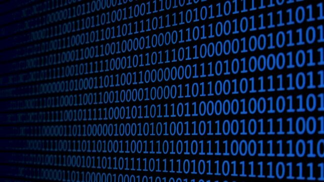 An abstract representation of binary code fills the background. The composition showcases rows of zeros and ones, creating a sense of depth and digital complexity.