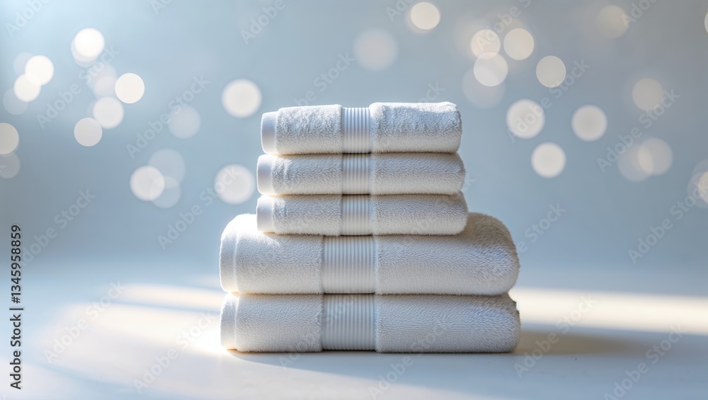 Aufkleber stacked towels on a soft surface with a blurred background of lights enhancing a serene atmosphere