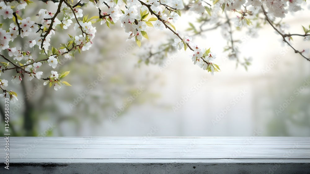 Aufkleber blooming cherry tree branch over empty wooden table in spring