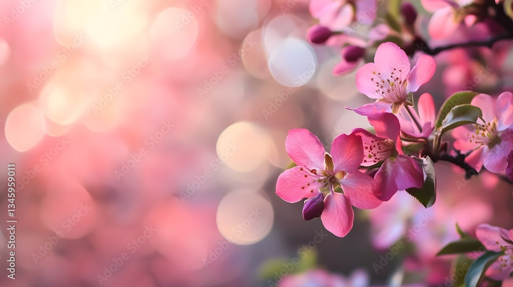 Poster pink flowers blooming on a tree branch in spring with bokeh background
