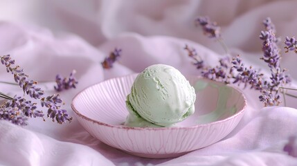 Fototapeta premium 40. A creamy pistachio ice cream scoop resting on a pastel lavender dish