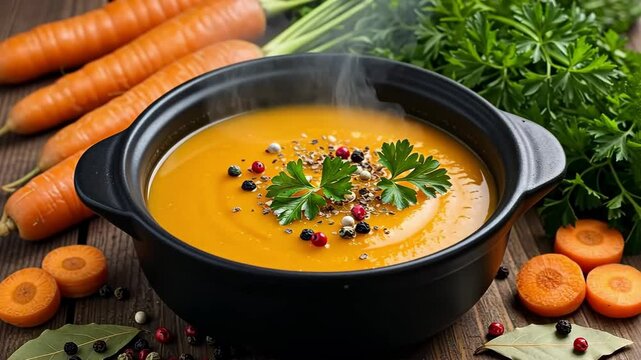A bowl of carrot soup garnished with parsley and spices on a wooden surface next to carrots